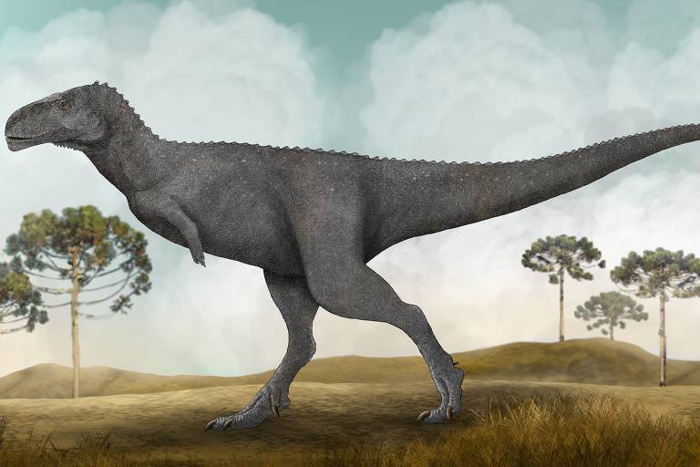 Concepção artística da nova espécie brasileira de dinossauro carnívoro, batizada de Spectrovenator ragei