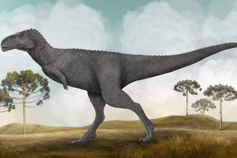Concepção artística da nova espécie brasileira de dinossauro carnívoro, batizada de Spectrovenator ragei