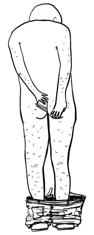 Ilustração mostra homem de costas, com as calças abaixadas, e enfiando notas entre as nádegas