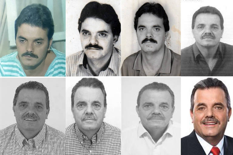 O vereador Nirdo Artur Luz disputa eleição para vereador em Palhoça (SC) pela 11º vez e soma 44 anos em mandatos na Câmara Municipal; da esquerda para a direita, imagens dele nos anos 1976, 1982, 1986, 2004 —e, na parte de baixo, de 2008, 2012, 2016 e 2020 
