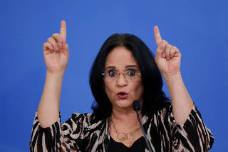 Brazil's Minister of Women, Family and Human Rights, Damares Alves speaks during a ceremony at the Planalto