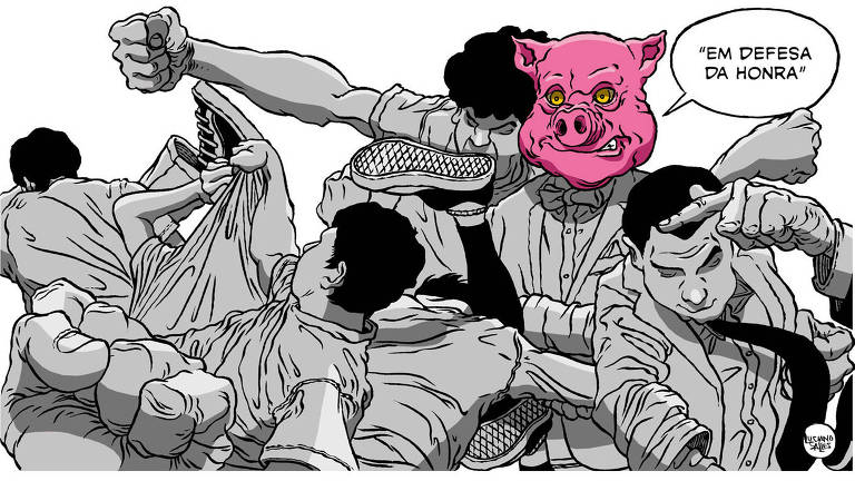 Ilustração de várias pessoas brigando em preto e branco. No meio da confusão, há uma pessoa usando uma máscara de porco rosa, parada com os braços cruzados e dizendo "Em defesa da honra"