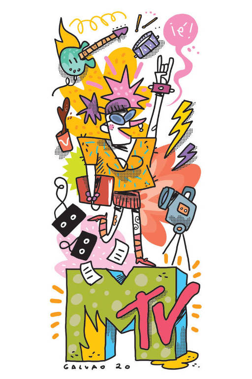 Ilustração de uma mulher com cabelos e roupas coloridas em cima do logo da MTV. Ela está dizendo "ié"e há instrumentos, uma câmera, fitas e raios em volta dela