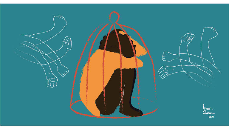Ilustração de mulher negra sentada dentro de uma gaiola. Em volta dela, há vários braços com os punhos fechados