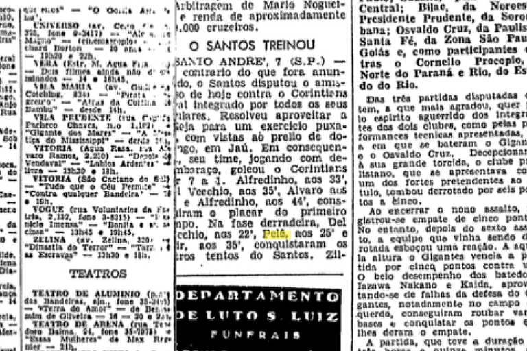 Registro da primeira aparição do nome de Pelé na Folha da Manhã, em 8 de setembro de 1956