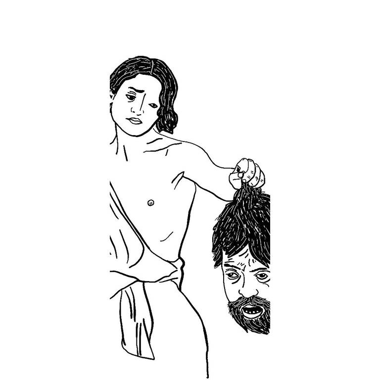 Ilustração de uma pessoa vestindo toga e segurando a cabeça decapitada de um homem em uma das mãos