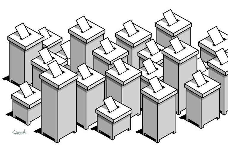Ilustração em preto e branco de várias urnas de papel 