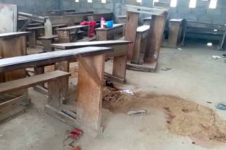An empty clasroom is seen following a shooting at a school in Kumba