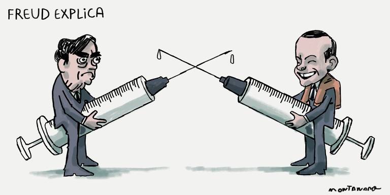 Sob o título "Freud explica", caricaturas de Jair Bolsonaro e de João Doria estão sentados em cima de seringas gigantes num movimento parecido com duelo de esgrima