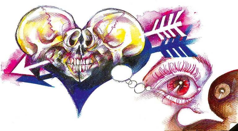 ilustração colorida mostra coração atravessado por duas flechas; o coração tem olhos e boca que se assemelham a de uma caveira 
