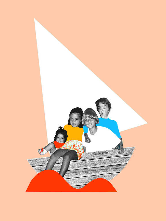 Colagem com as fotos de quatro crianças em um barco