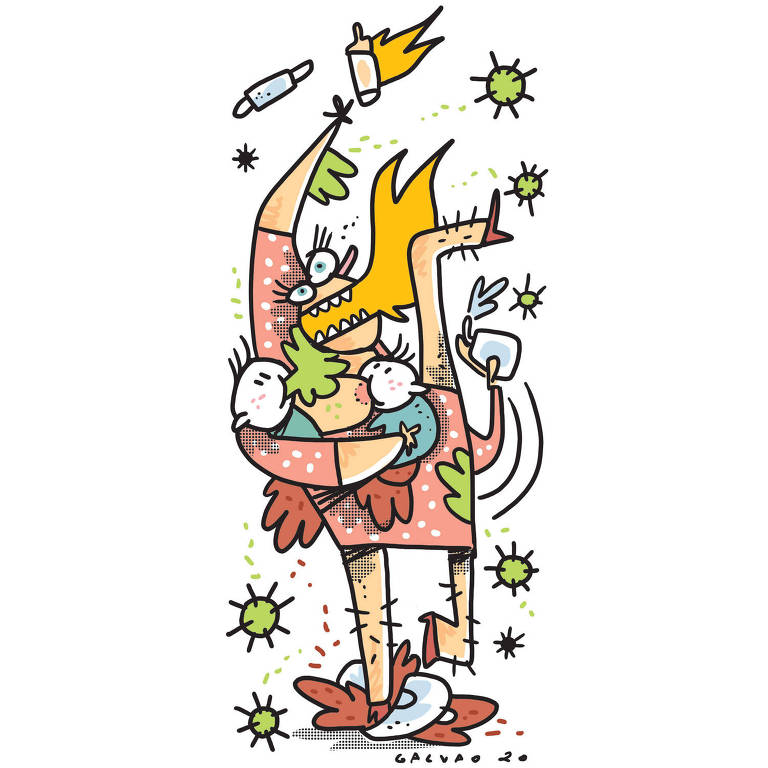 Ilustração de mulher soltando fogo pela boca e segurandoois bebês no colo