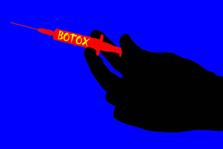 Ilustração da silhueta de uma mão segurando uma seringa, na qual está escrito 'botox'. Fundo azul escuro, mão totalmente preta, e seringa vermelha, com Botox em amarelo