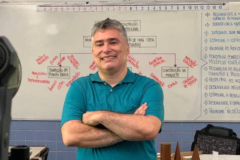 Um homem branco, de braços cruzados e camiseta verde, sorrindo de frente para a câmera e de costas para uma lousa