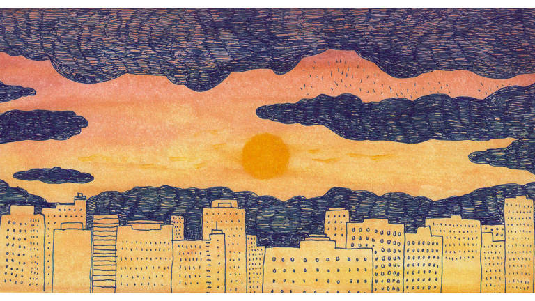 Ilustração do Sol se pondo em meio a nuvens e edifícios