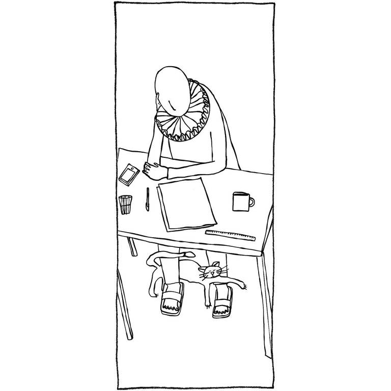 Ilustração de uma pessoa sentada em frente a uma mesa olhando para um papel. Ela veste uma coleira de pescoço, acessório típico de palhaços, e está cabisbaixa. Há um gato perto dos pés da pessoa e diversos objetos sobre a mesa