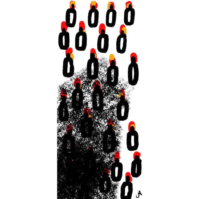 Ilustrações de várias formas pretas com o centro branco e manchas vermelhas e amarelas no topo de cada uma. Uma mancha preta cobre algumas formas na parte inferior esquerda