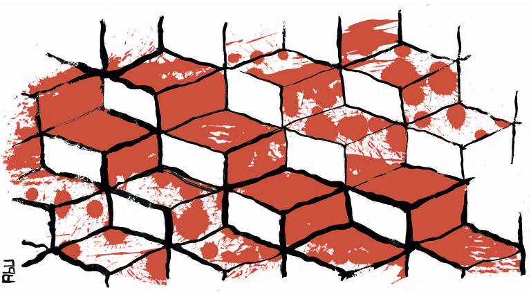 Ilustração de padrão composto por vários paralelepípedos iguais com manchas vermelhas