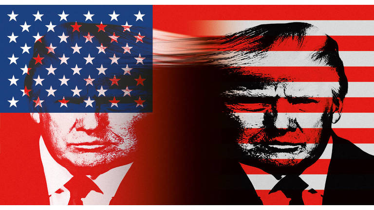 Ilustração de Trump espelhada verticalmente em alto contraste. A imagem do lado esquerdo é vermelha e a do lado direito é preta. Ha elementos da bandeira dos Estados Unidos mesclados na imagem
