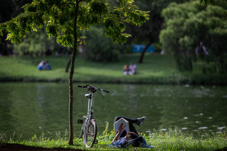 Visitante no parque Ibirapuera, em São Paulo, no primeira fim de semana de reabertura aos finais de semana