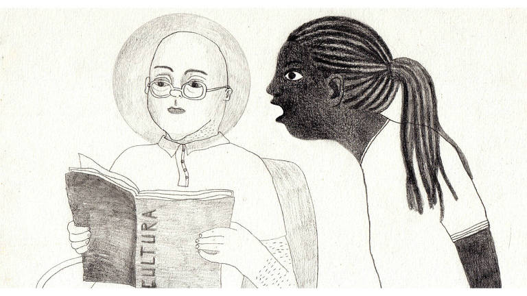 Ilustração de uma mulher negra falando perto do ouvido de um homem branco que está lendo uma revista, na qual é possível ler "CULTURA" na capa