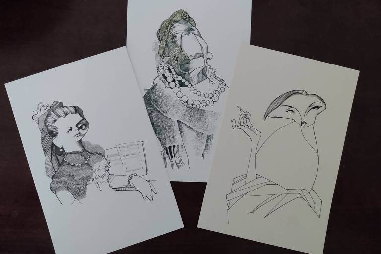 Caricaturas de Chiquinha Gonzaga, Clementina de Jesus e Clarice Lispector feitas por Cássio Loredano