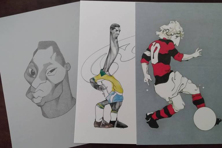 Caricaturas de Pelé, Didi e Zico, feitas por Loredano