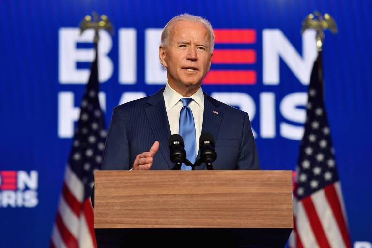 O novo presidente eleito dos Estados Unidos, Joe Biden, em discurso na noite de sexta (6) 