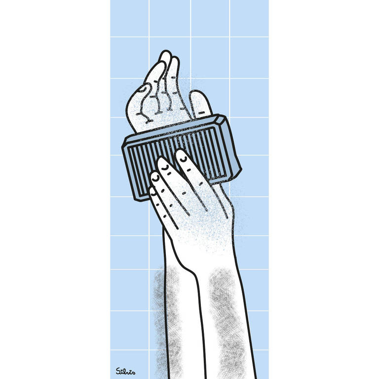 Ilustração de dois braços levantados em que uma mão lava a outra com um sabonete azul