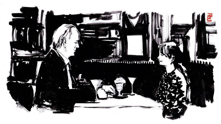 Ilustração de um homem mais velho e uma jovem sentados frente a frente com uma mesa posta entre eles, a visão é lateral. Na mesa, há duas taças para martini e uma taça de sobremesa.