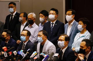 Pan-democratic legislators announce to resign from the Legislative Council, in Hong Kong