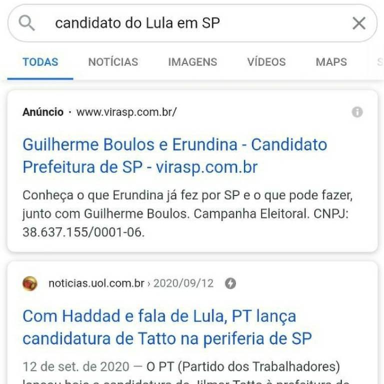 Resultado de busca pelo candidato de Lula em SP, com anúncio de Boulos no resultado