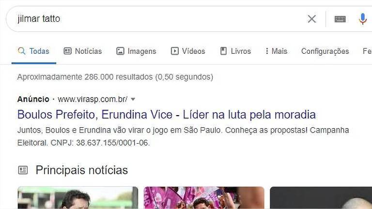 Resultado de busca pelo nome de Jilmar Tatto (PT) mostra anúncio da página de Guilherme Boulos (PSOL)