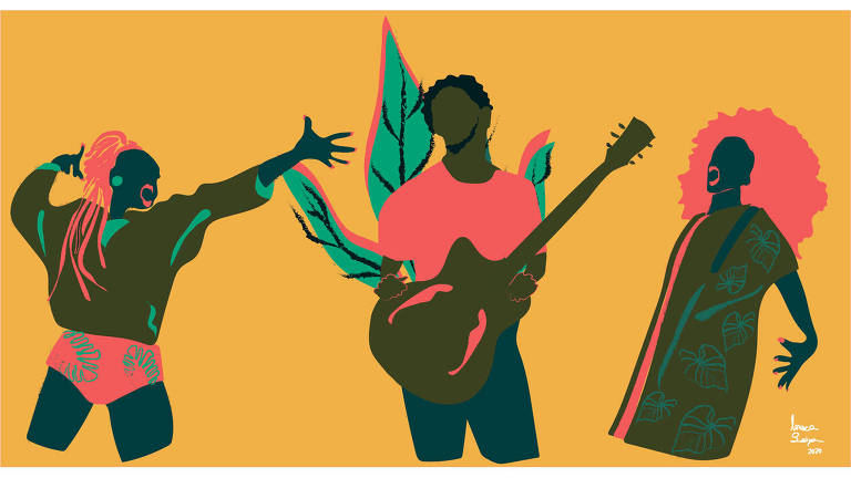 Ilustração de três pessoas negras. No centro, um homem segurando um violão e duas mulheres, uma de cada lado do homem, gesticulam com os braços
