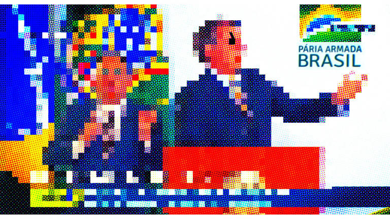 Ilustração pixelizada de cena em que Jair Bolsonaro está falando com um intérprete de libras ao lado dele
