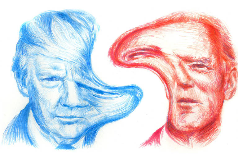 Ilustração dos rostos de Trump e Biden se misturando. Trump foi desenhado em azul e Biden em vermelho