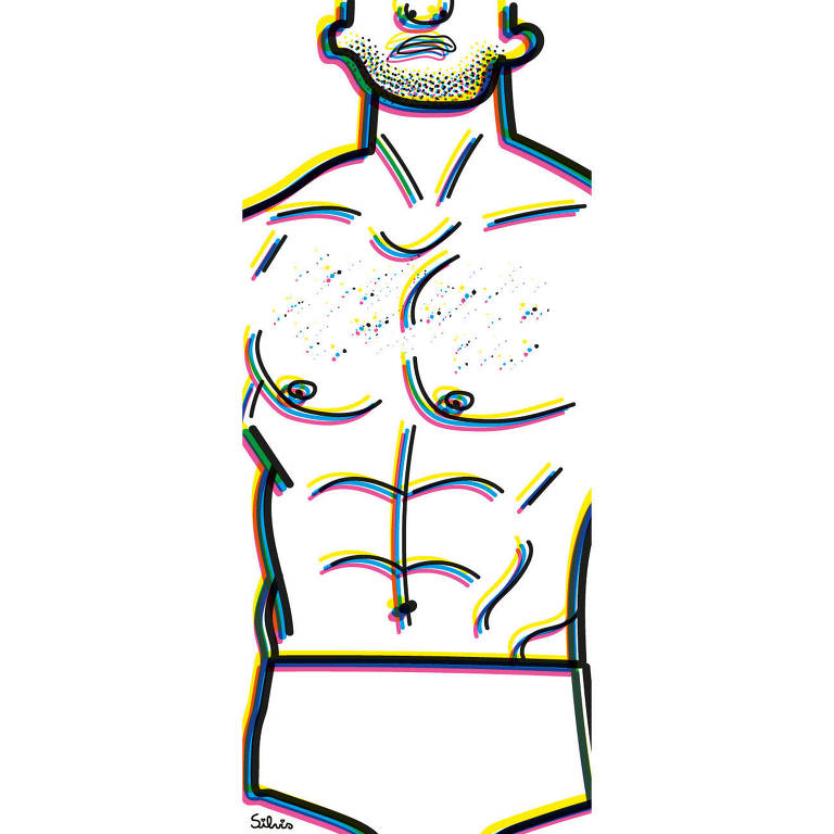 Ilustração de corpo masculino musculoso com enquadramento que começa no meio do rosto e termina nos quadris