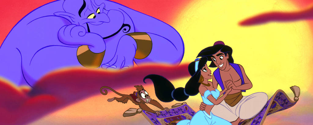 O gênio gigante e azul observa Aladdin e sua amada voando num tapete mágico