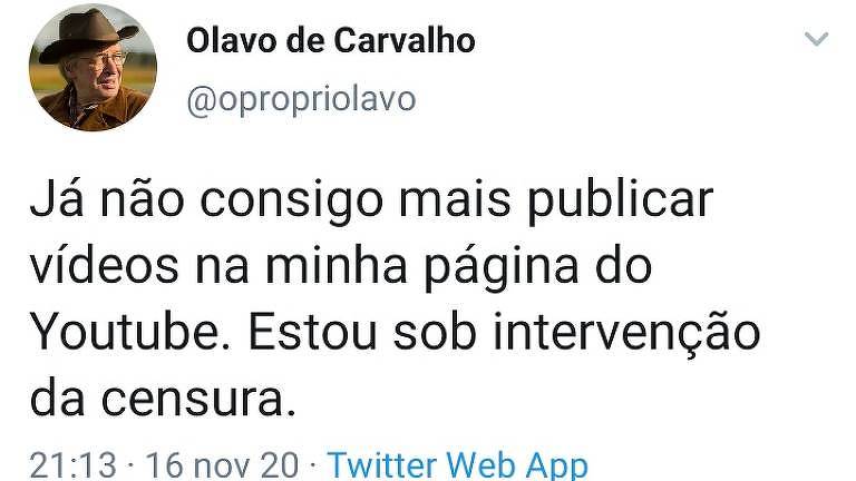 Olavo de Carvalho diz estar sofrendo censura do YouTube