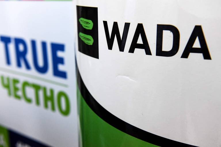 Logotipo da Agência Mundial Antidoping (Wada), em competição de atletismo na Rússia