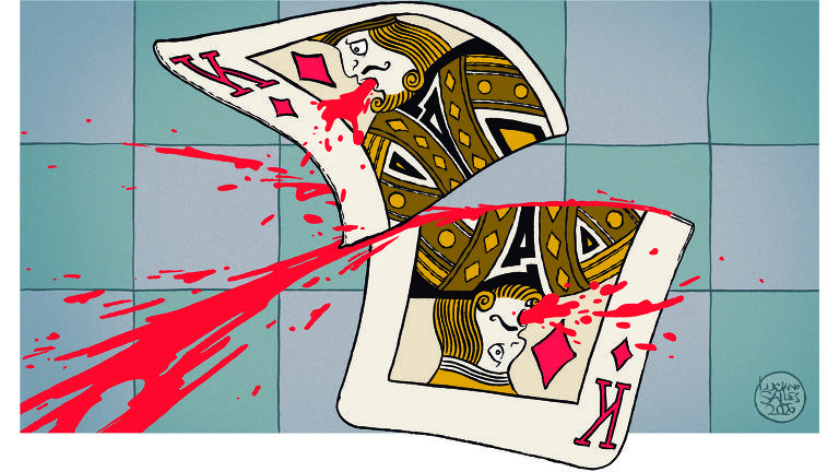 Ilustração da carta de baralho Rei de Ouros sendo cortada ao meio. Há sangue saindo do corte e a figura do rei cospe sangue 