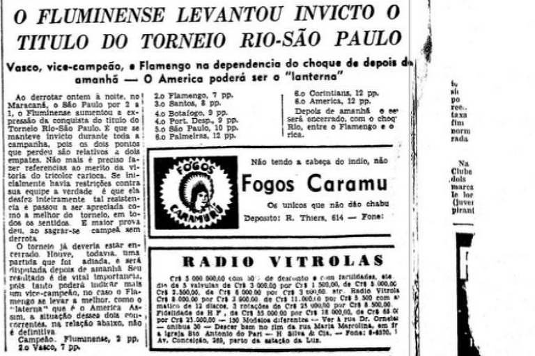 Classificação do Torneio Rio-São Paulo de 1957 por pontos perdidos, registrada na Folha da Noite