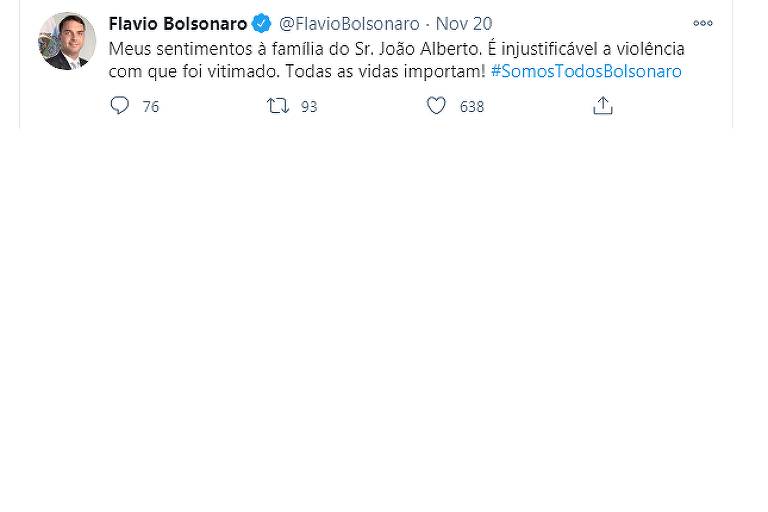 Tuíte de Flavio Bolsonaro que foi apagado sobre Beto Freitas