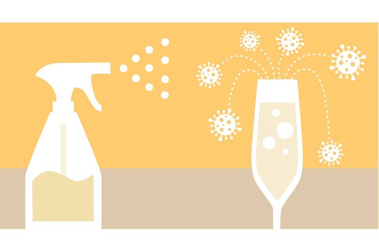 Ilustração de vidro de dsig=fentando espirrando gotas sobre uma taça de champanhe com vírus em volta