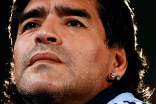 FILE PHOTO:  Argentina's soccer team head coach Maradona attends a news conference in Marseille