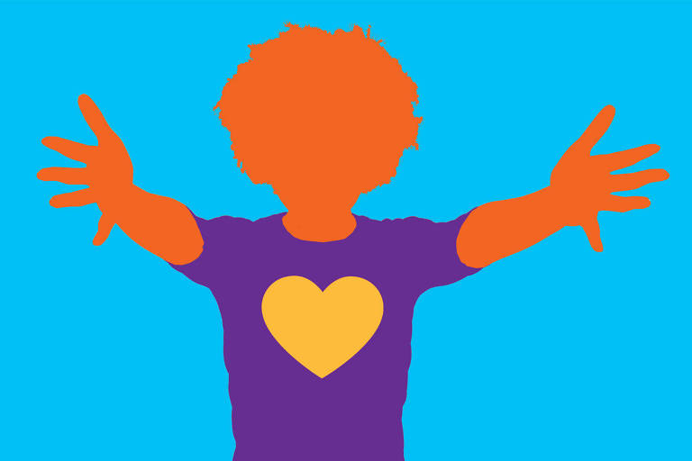 Ilustração de silhueta de pessoa com cabelo afro e braços esticados para frente. Ela veste uma camiseta roxa com um coração amarelo no centro