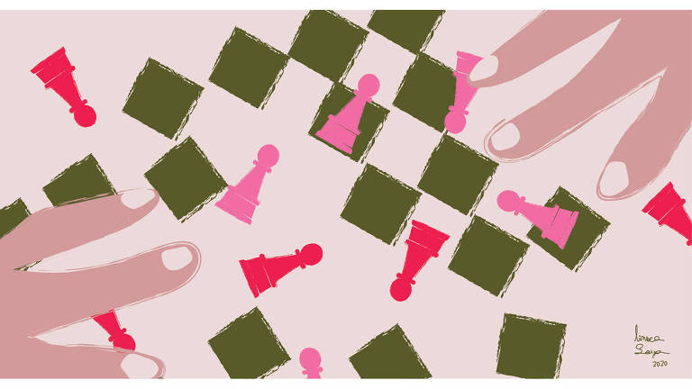 Ilustração de duas mãos e peças de xadrez espalhadas sobre uma superfície com alguns quadrados escuros
