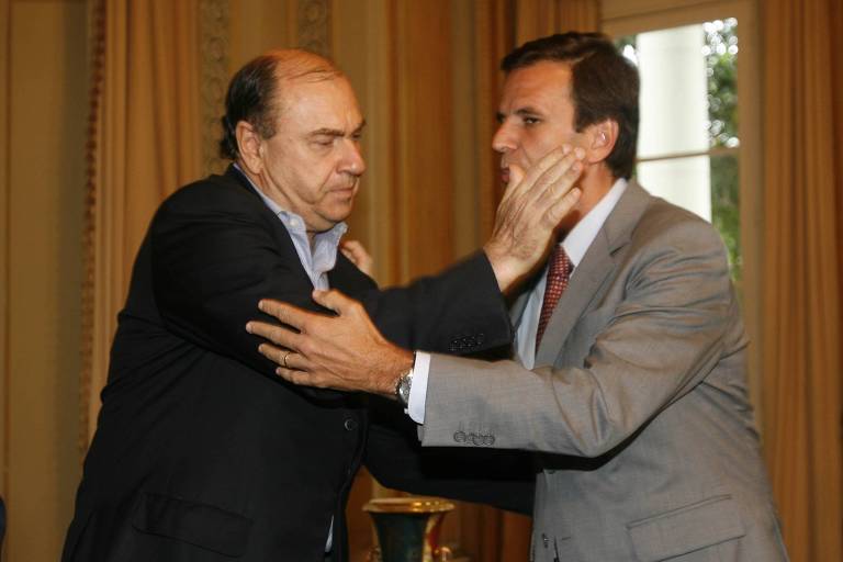 Eduardo Paes teve como primeiro padrinho político o ex-prefeito César Maia, de quem foi subprefeito; na foto, os doi se encontram para discutir a transição de governo, em 2008, quando Paes foi eleito para o primeiro mandato