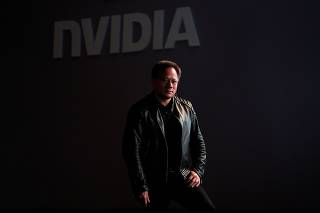 FILE PHOTO: Jensen Huang, CEO of Nvidia, pauses at his keynote address at CES in Las Vegas