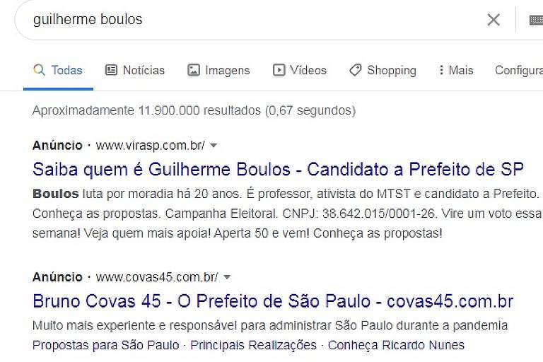 Anúncio da campanha de Bruno Covas em busca no Google por Guilherme Boulos